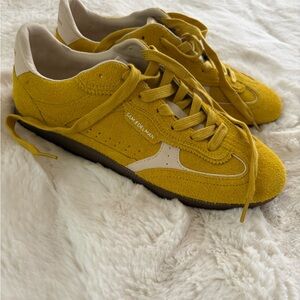 Sam Edelman Mustard Yellow Suede Lace-Up Sneakers with Cream Accents
